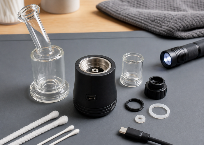 Electric dab rig glass, chamber, seals and charging connection arranged for inspection