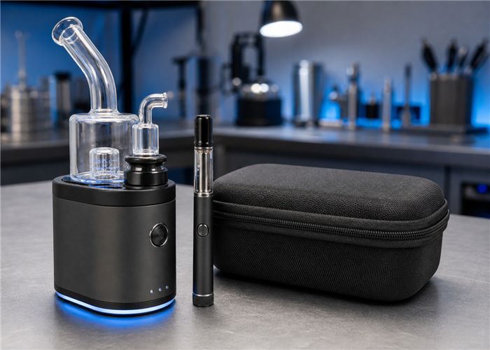 Electric dab rig and compact wax pen arranged for a practical size comparison
