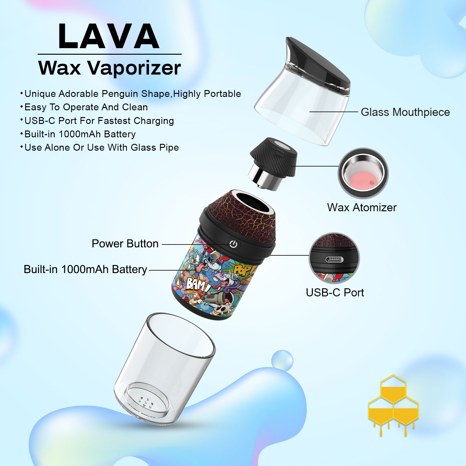 LAVA：LAVA Wax Vaporizer with Unique Penguin Design, 1000mAh Battery, 4 Heat Temperature Settings 260°C-330°C with LED Light Indicator, Advanced 3D Heating Tech, Fast USB-C Charging Portable Wax Concentrate Vaporizer Kit - ORIX