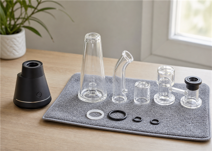 Disassembled electric dab rig glass and seals drying separately on a clean mat