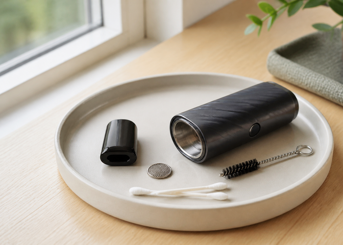 Dry-herb vaporizer chamber, mouthpiece, screen and cleaning tools arranged on a tray