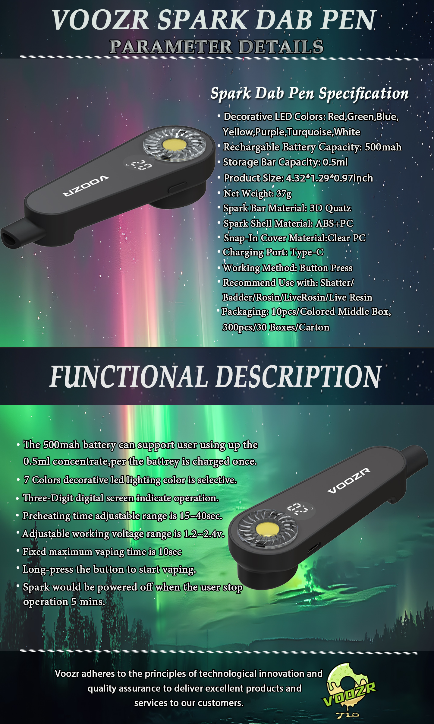 VOOZR Spark Rechargeable Disposable Dab Pen, 0.5ml Closed Wax Device with Quartz Heating, 460mAh Rechargeable Battery, Smart Display Screen Showing Time Voltage & Power Quantity, Portable Easy Carry Disposable Wax Pen for concentrates - ORIX