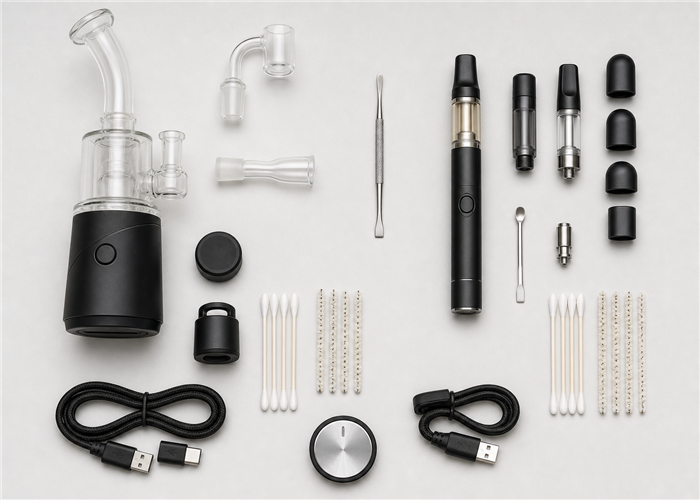 Electric dab rig and dab pen components laid out as separate ownership kits