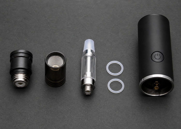 Powered vaporizer base with separate threaded chamber and cartridge modules arranged for compatibility inspection