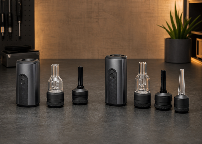 Two-in-one and three-in-one modular vaporizer kits arranged for comparison