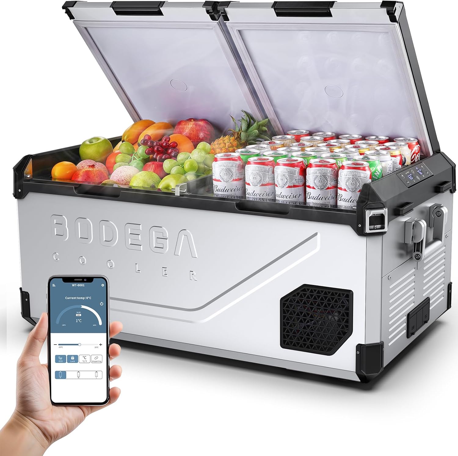 BODEGACOOLER Dual Zone Portable Fridge. 79QT(75L) Steel 12V Car Refrigerator. -4℉~68℉ Electric Cooler for Vehicles. Truck. RV. Camping. Travel and Home Use-12/24V DC & 110V-240V AC