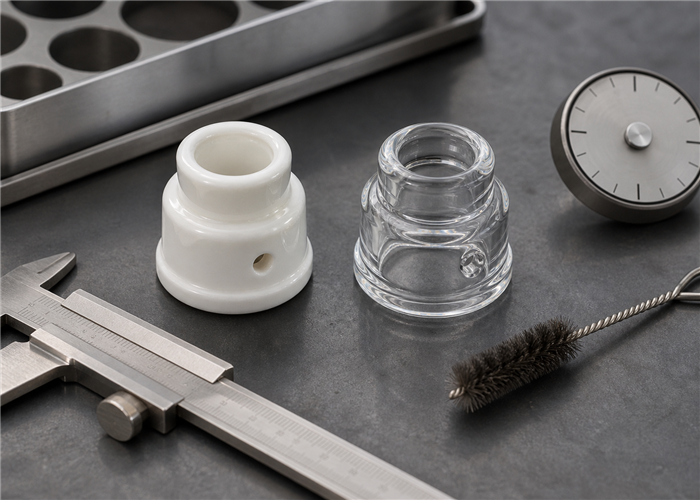 White ceramic chamber and clear quartz chamber compared side by side on metal bases