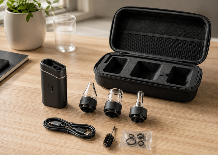 Modular vaporizer, three attachments, seals, cleaning brush, cable and protective storage case