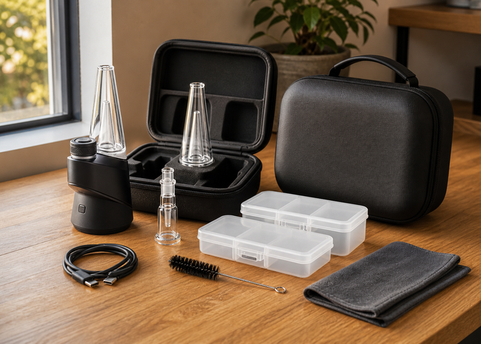 Electric dab rig components stored with a protective case and cleaning tools
