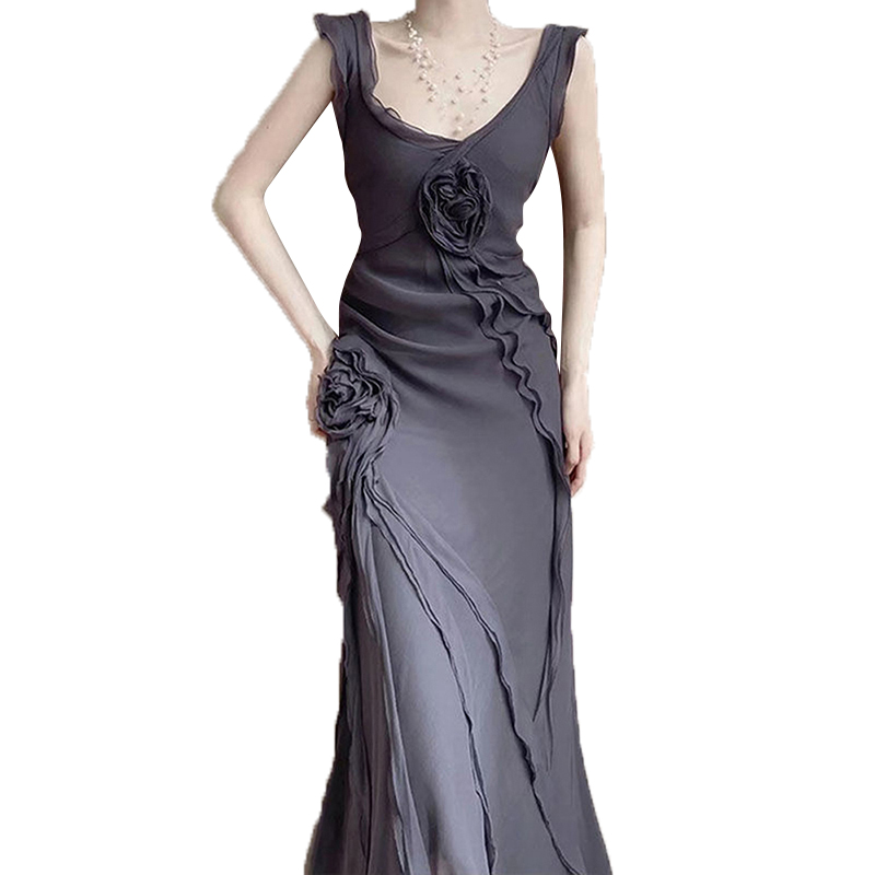 Patchwork Floral U Neck Sleeveless High Waist Spliced Folds Slimming Long Dresses Dresses For Women
