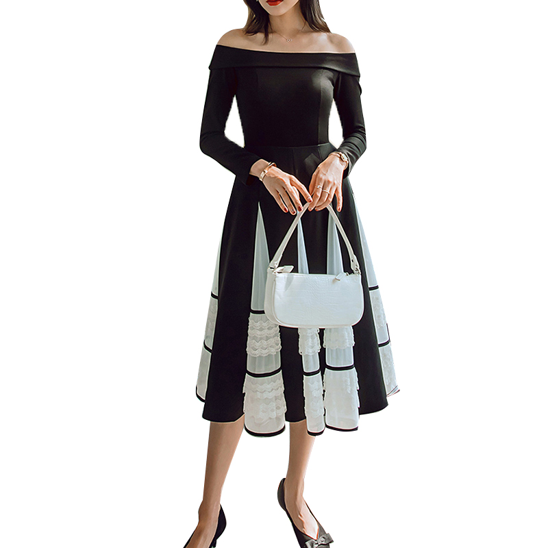 Fashion Patchwork Mesh Slash Neck Women Long Sleeve Long Bodycon Dress