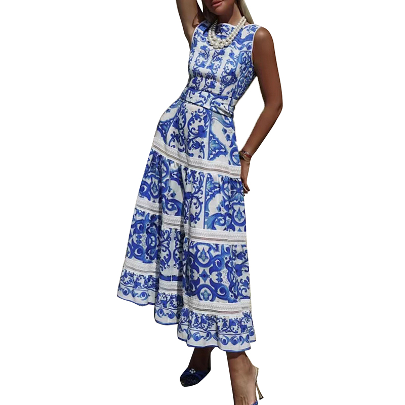 New Design O Neck Sleeveless Elegant Cotton Dress Women Long Dresses
