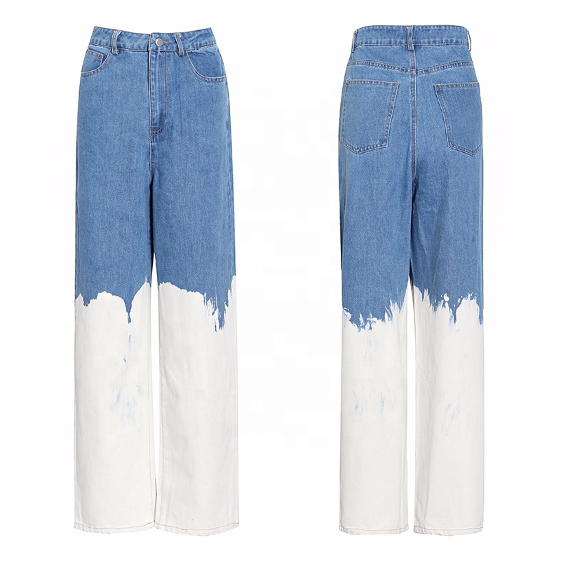 Full Length Jean Women High Waist Loose Painted High Street Wide Leg Denim Hit Color