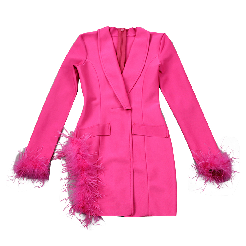 Hot Sale V Neck Long Sleeve Mini Feather Solid Color Lady Elegant Dresses Women Sexy