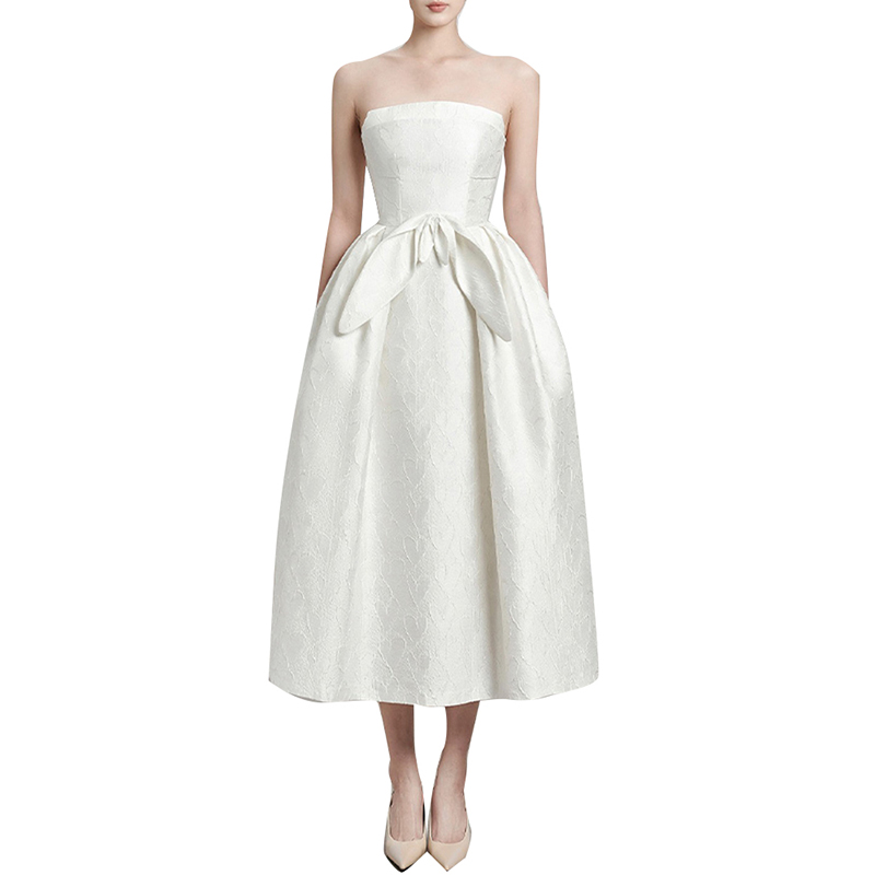 Strapless Sleeveless High Waist Patchwork Bow Mid Calf Elegant White Dress For Women
