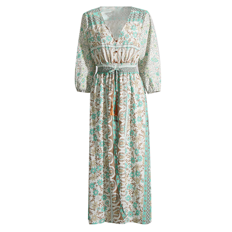 Fashion V Neck Long Sleeve High Waist Hit Color Print Lady Elegant Casual Women Floral Dresses