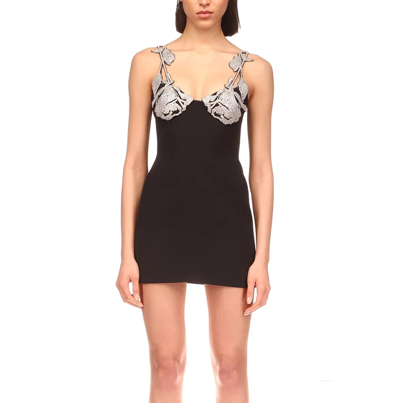 Mini Dress Sexy Patchwork Lace Diamonds Sleeveless High Waist Women Dresses