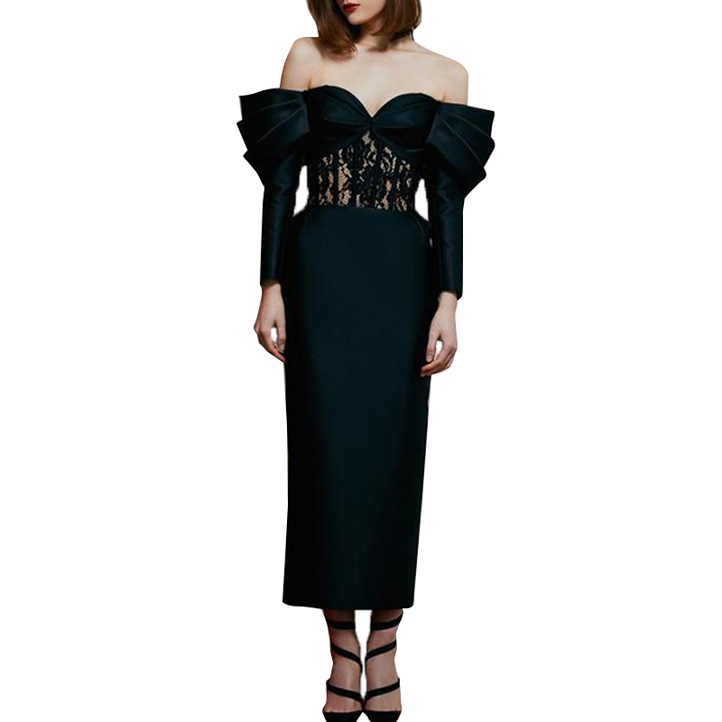 Slash Neck Long Sleeve High Waist Slim Sheath Lady Elegant Long Women Casual Dresses