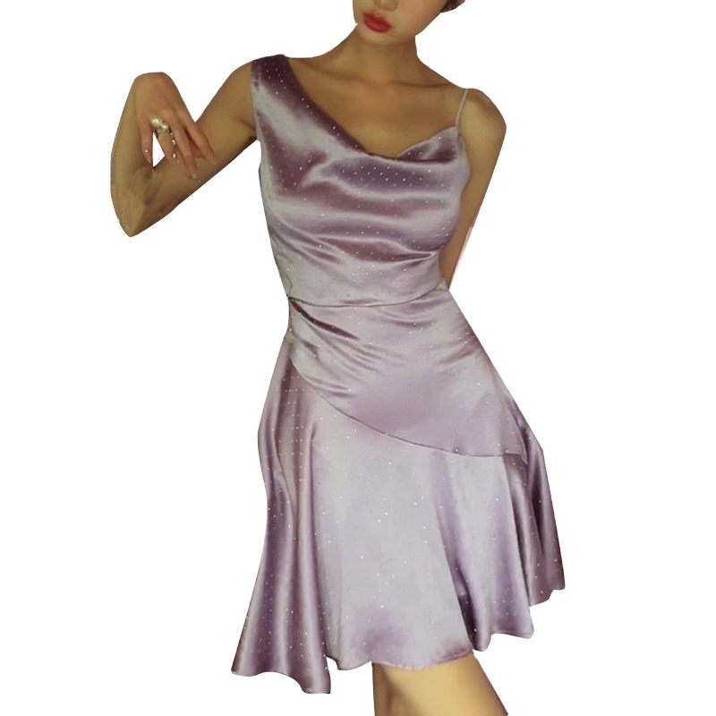 Patchwork Hollow Out Polka Dot Dress Pleated Hem Asymmetric Sling Sexy Women’S Dresses