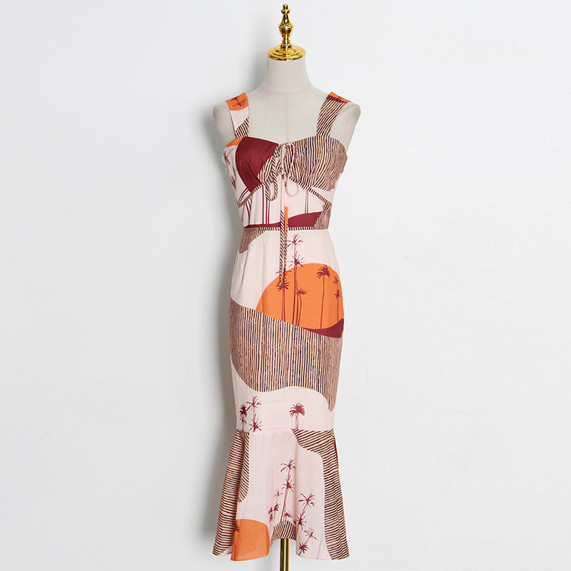 Fashion Dresses Sleeveless High Waist Cotton Printed Women Long Dress