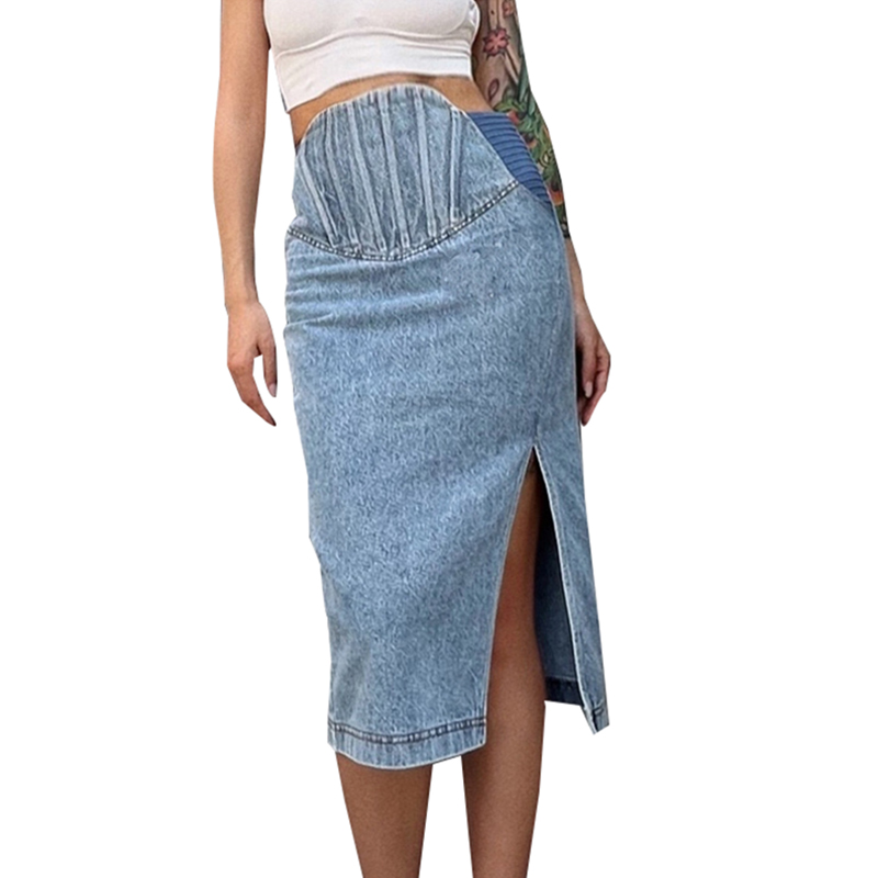 Gathered Waist Patchwork High Waist Folds Light Sky Blue Asymmetrical Denim Skirt For Women