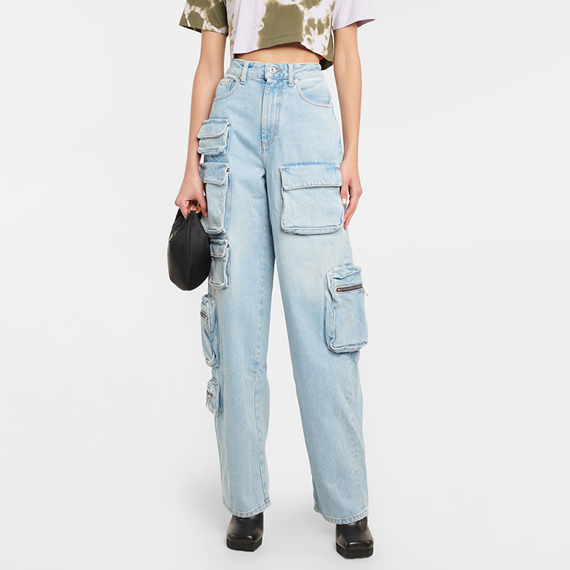 Autumn Patchwork Pockets Solid High Waist Loose Denim Pants For Women