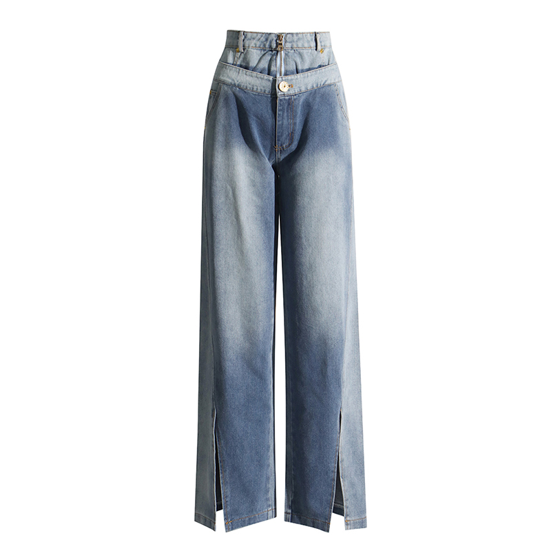 High Waist Full Length Patchwork Pocket Split Denim Jeans Women 2024
