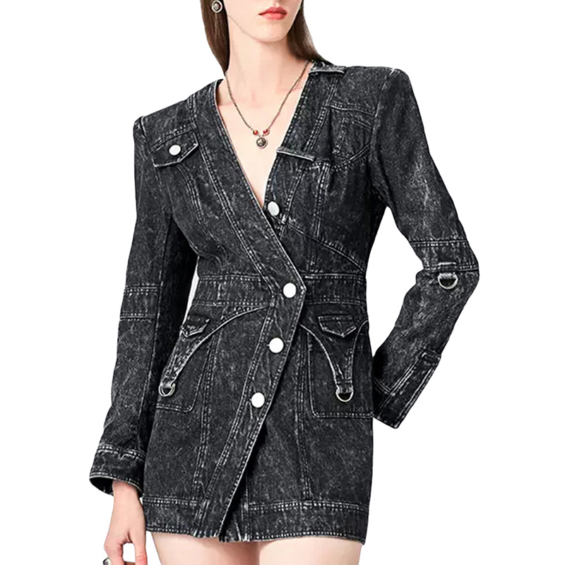 V Neck Long Sleeve High Waist Solid Color Blazer Ladies Denim Dresses For Women