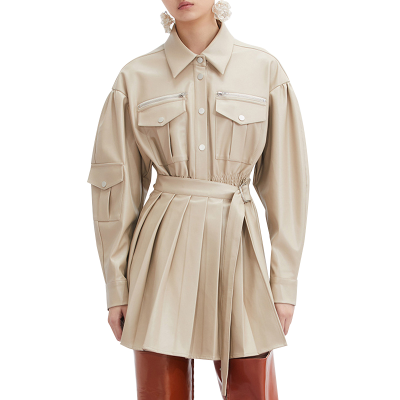 New Style Lapel Long Sleeve High Waist Pu Leather Dresses Mini Dress For Women