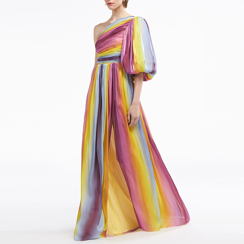 Summer High Waist Folds Diagonal Collar Hit Color Dresses Women Casual