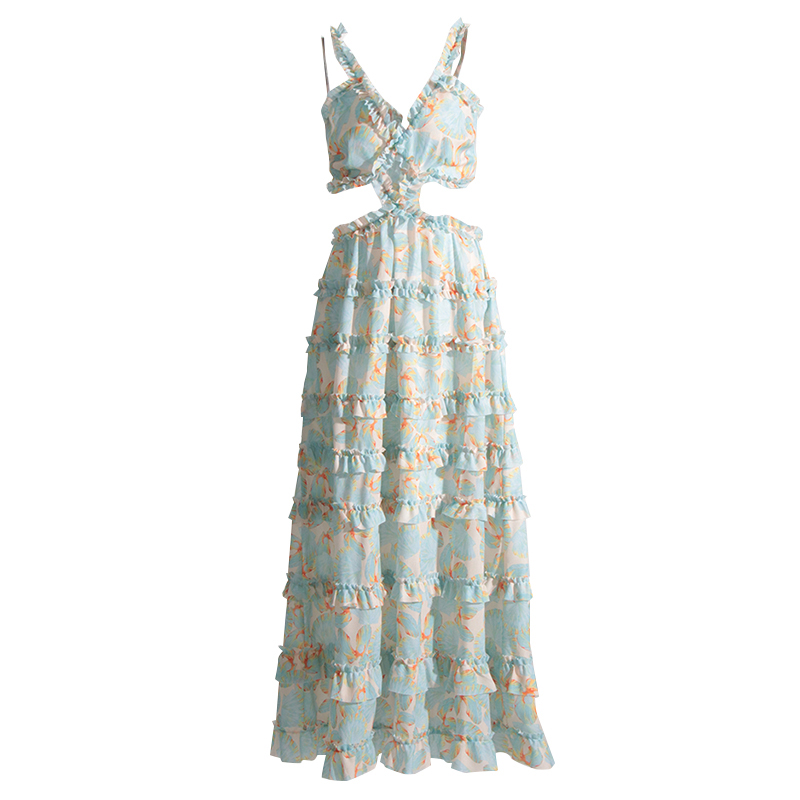 Fashion Square Collar Sleeveless High Waist Folds Printed Women Long Dress