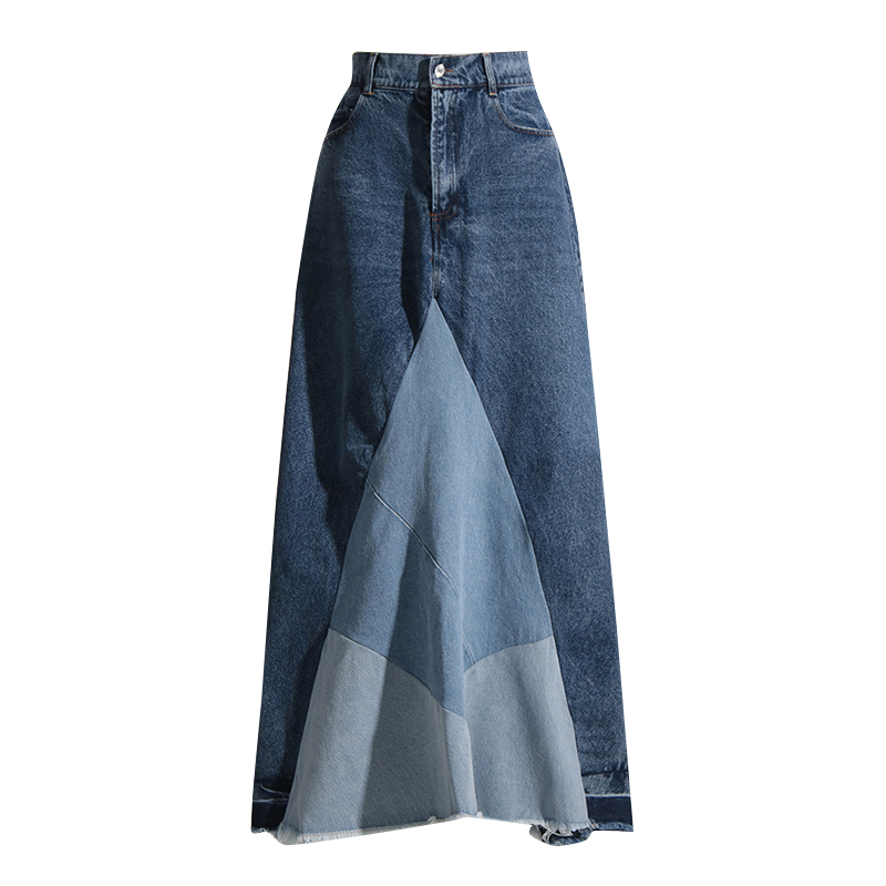 High Waist Spliced Pockets Colorblock 2024 Long Denim Skirt For Women