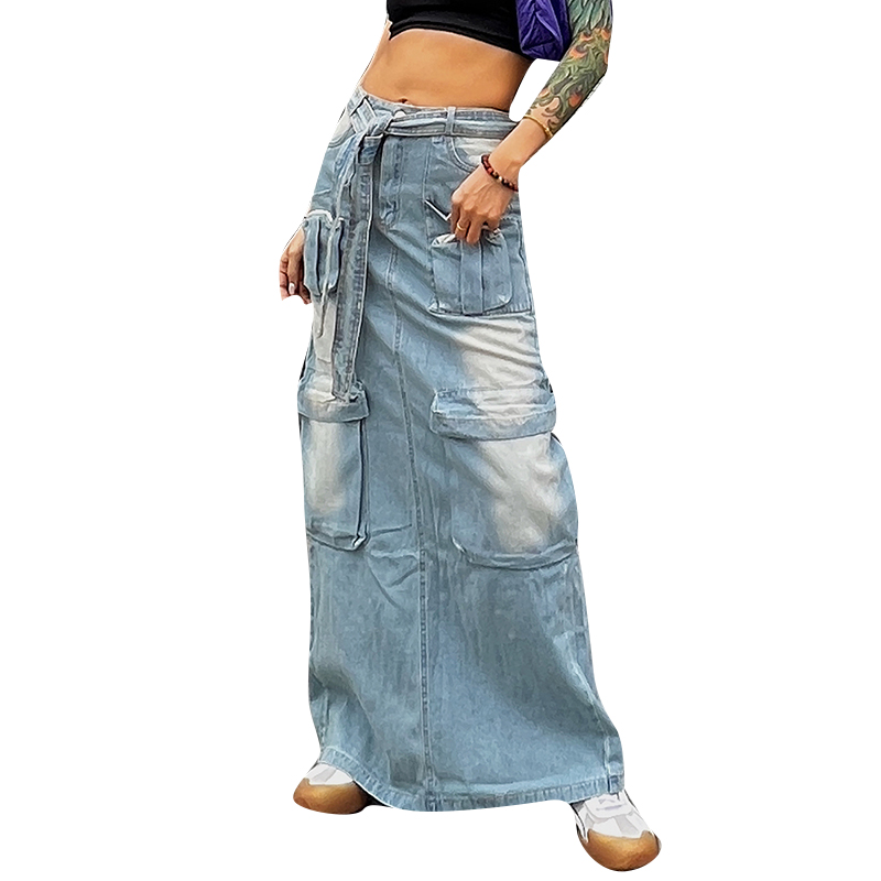 Fashion High Waist Spliced Pockets Colorblock Long Denim Skirt For Women