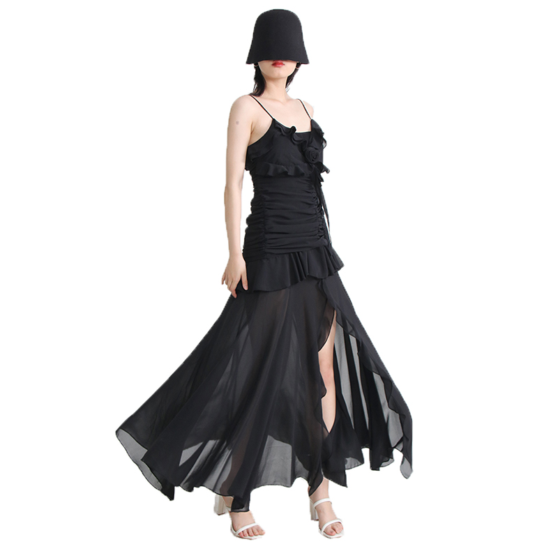 Sleeveless High Waist Folds Patchwork Appliques Ruffles Mesh Ladies Dresses Women Long Dress