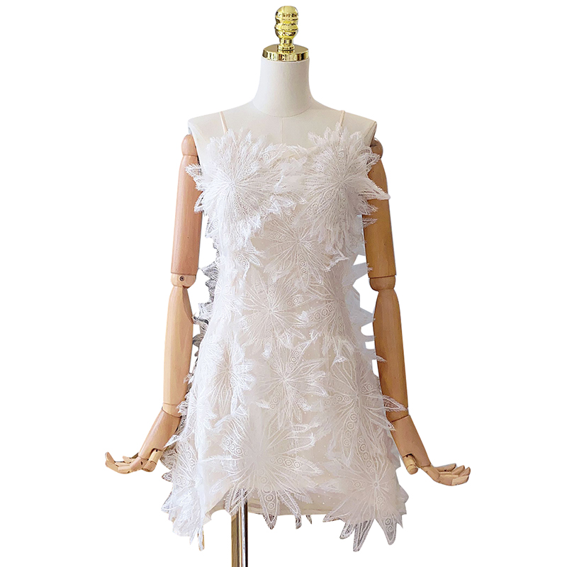 Sleeveless High Waist Hollow Out Gather Waist White Feather Lace Flower Dresses Women Summer