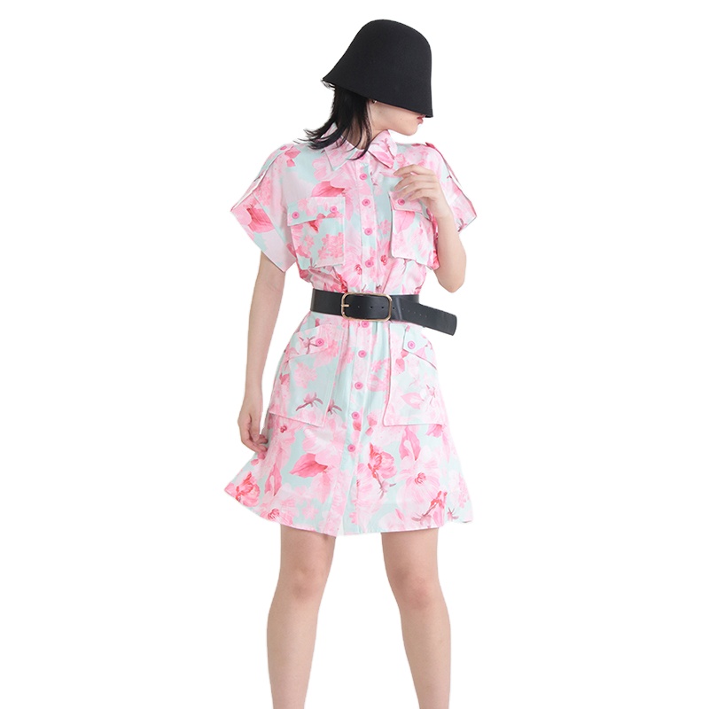 Lapel Short Sleeve High Waist Patchwork Pocket Printed Mini Dress For Women