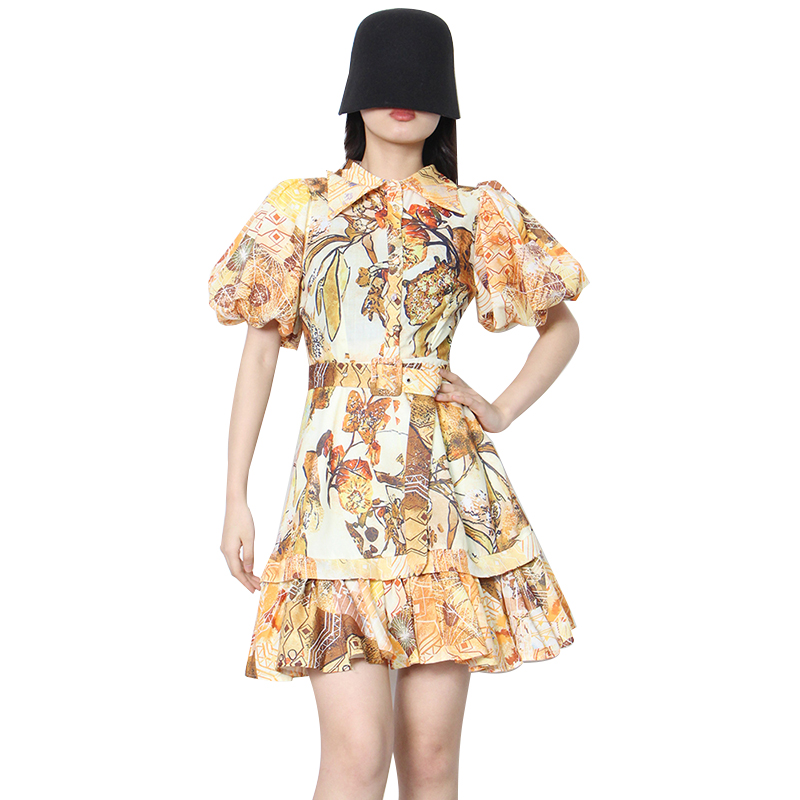 Round Neck Lantern Sleeve High Waist Folds Slim Hit Color Women 2024 Mini Printed Cotton Fabric For Dresses