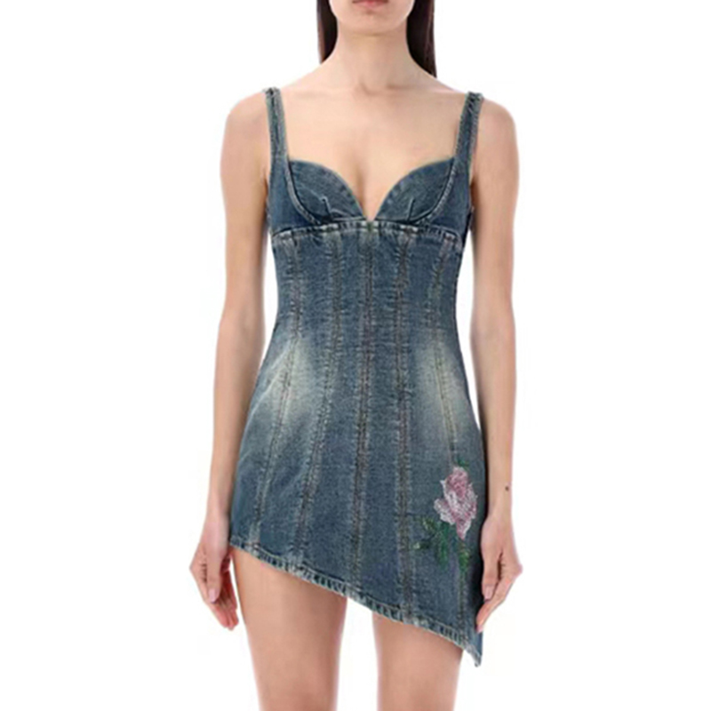 Square Collar Sleeveless High Waist Irregular Hem A Line Mini Denim Dresses For Women Ladies