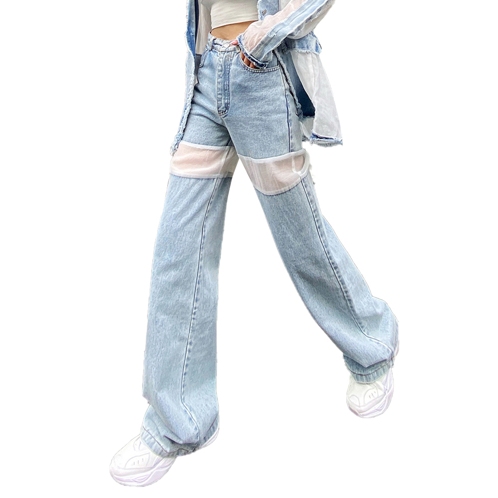 Patchwork Sheer Mesh Denim Pant Women High Waist Wide Leg Pants Female Korean Clothing
