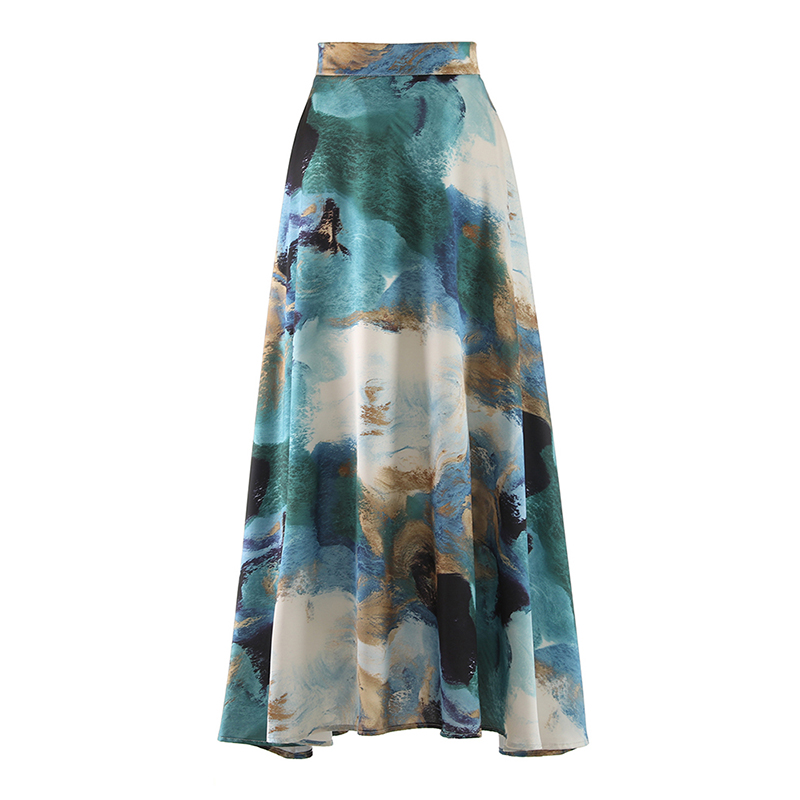 Fashion Patchwork Zipper High Waist Watercolor Printing Ladies Long Skirt