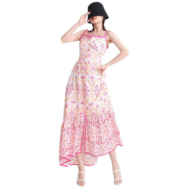 Hollowed Out Cotton Square Collar Sleeveless High Waist Embroidery Ladies Long Women Dress