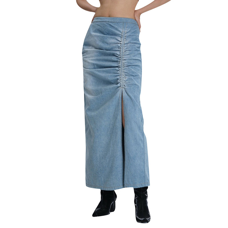 Fashion Split Folds Solid A Line High Waist Long Denim Skirt For Women