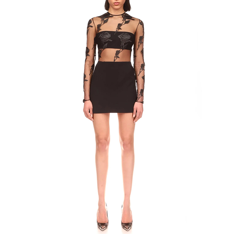 Sexy Dress Patchwork Sheer Mesh Floral Embroidery Bodycon Mini Women’S Dresses