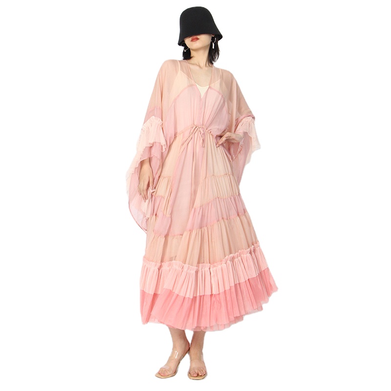 V Neck Butterfly Long Sleeve Patchwork Mesh Hit Color Loose Dresses Women