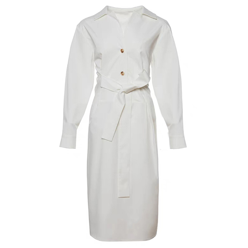 Lapel Patchwork Button Long Sleeve High Waist Slim Elegant White Dresses For Woman