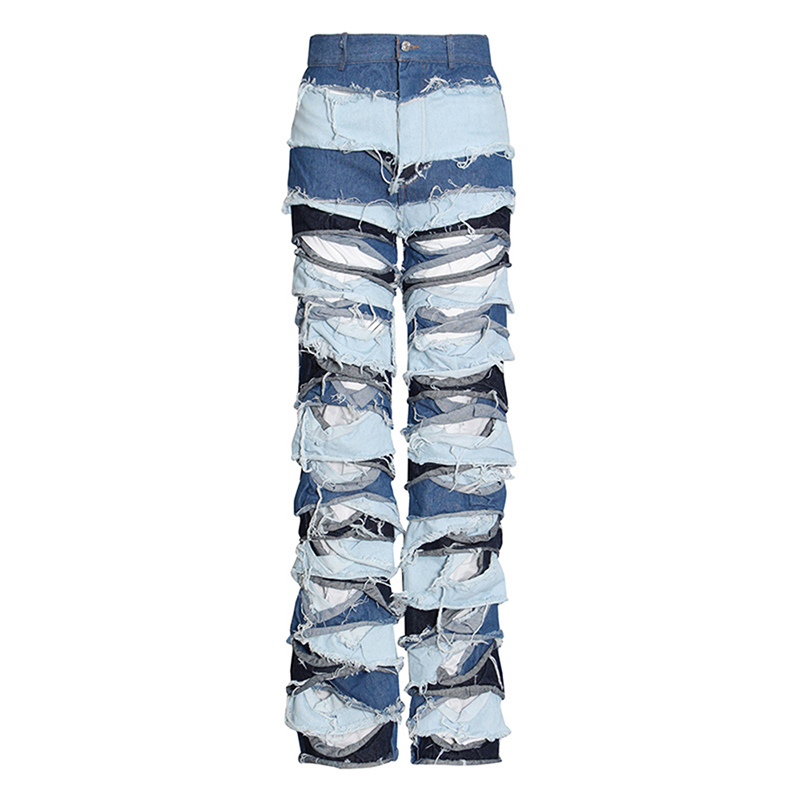 2024 New Style Patchwork Tassel Streetwear Wide Leg Hit Color Lady Jeans Women Pants Trousers