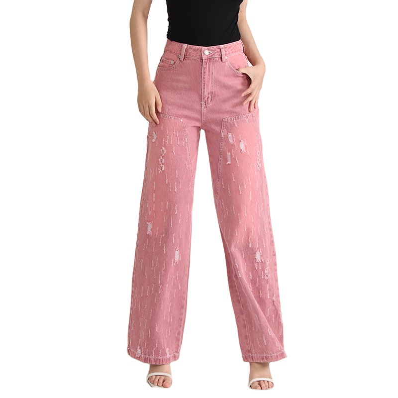 2024 High Waist Solid Color Patchwork Button Pink Jeans Pants For Women