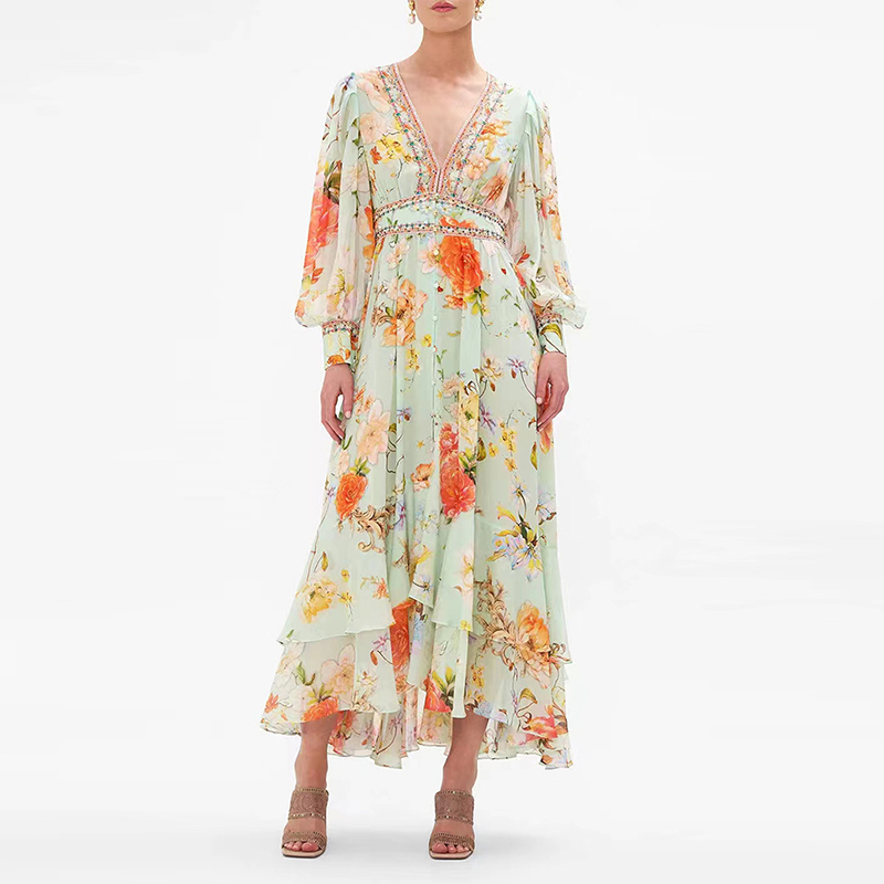 Casual V Neck Lantern Sleeve High Waist Patchwork Folds Long Sleeve Printed Dresses For Women