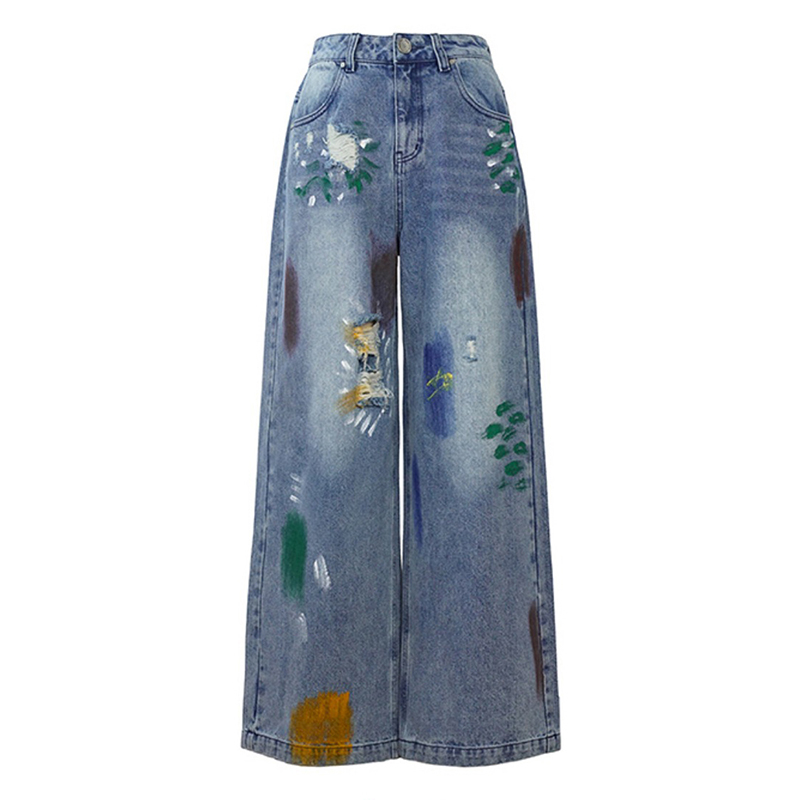 Fashion Printing High Waist Patchwork Pockets Pant Women Trousers Jeans