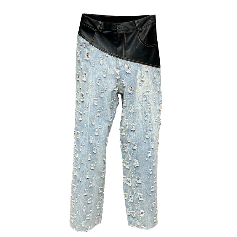 High Waist PU Leather  Spliced Light Blue Ripped Jeans Pants For Women